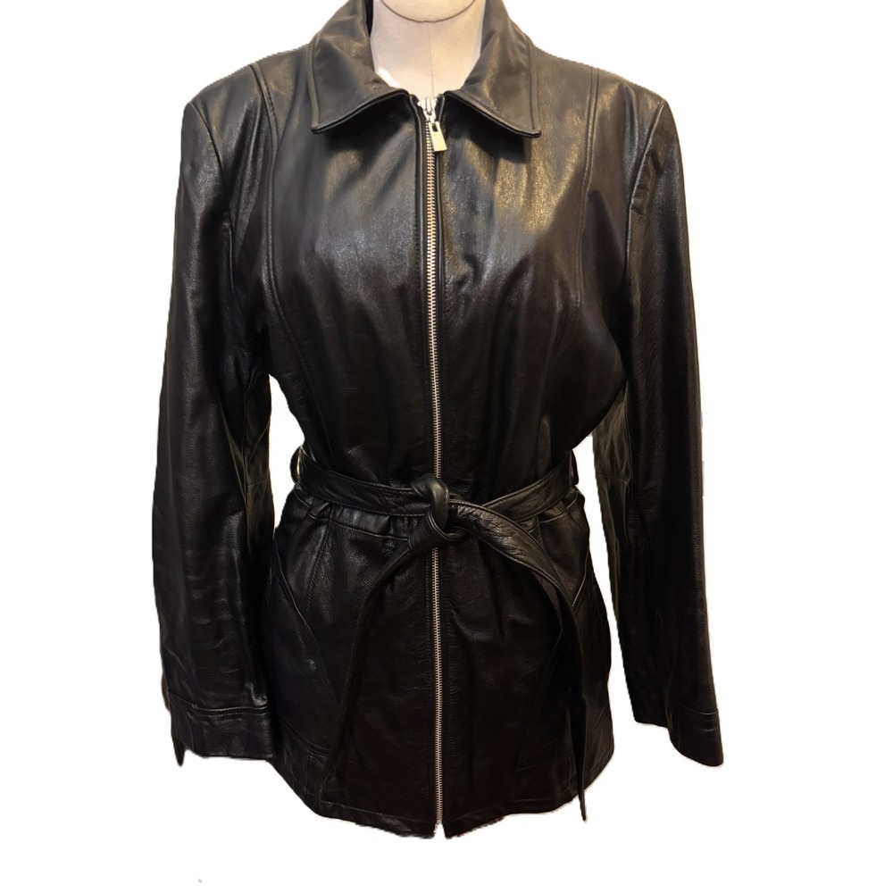 Wilsons Leather Thinsulate Ultra Jacket L Womens Black Belted Zip Out Liner Coat